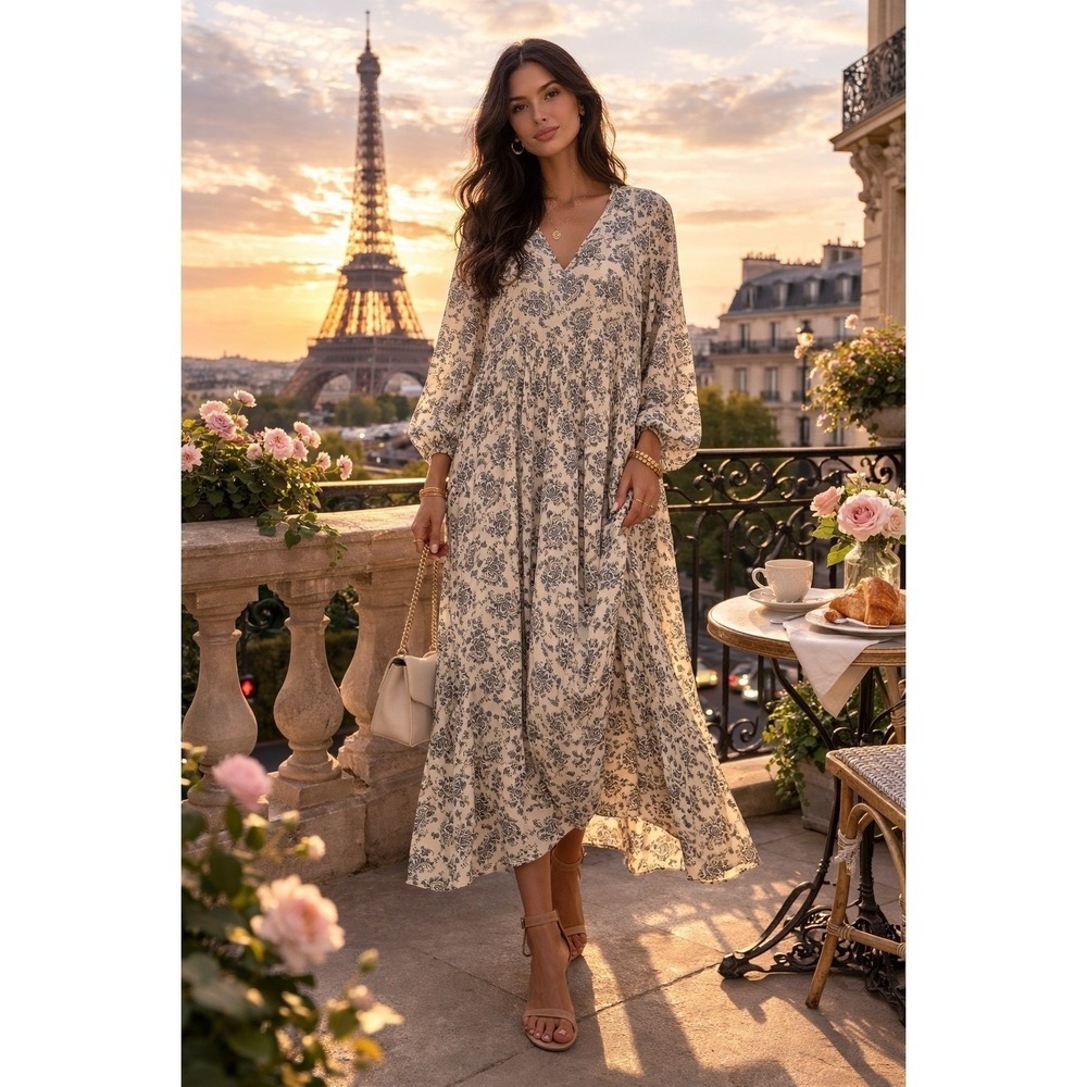 Uniqlo:C‎ Relaxed Parisian Style Dress M Paisley Floral Pleated Midi Cream Blue